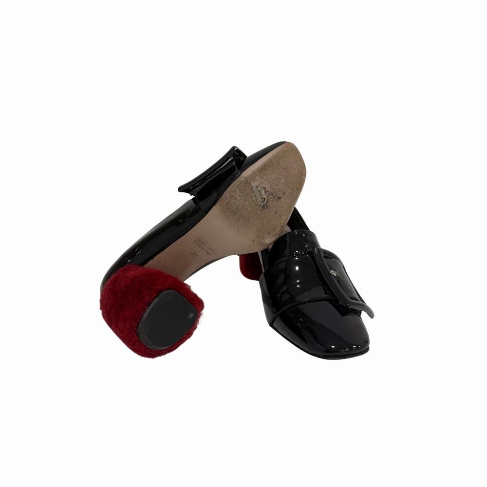 Miu Miu Patent Leather Loafers Buckle Detail and Fur-Trimmed Heel Size 37 Black